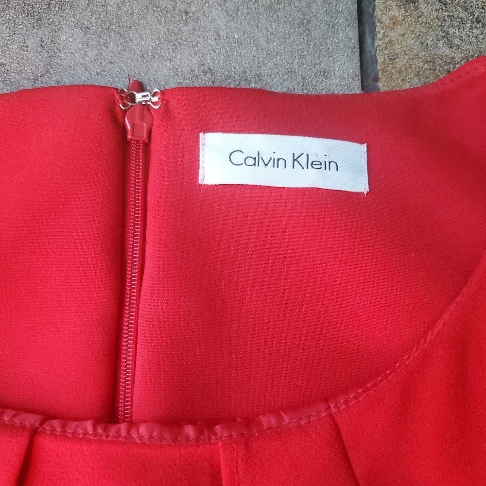 Calvin Klein Red Sheath Dress Slit Ruffle Black Belt Preppy Work Classic Office - Picture 3 of 11